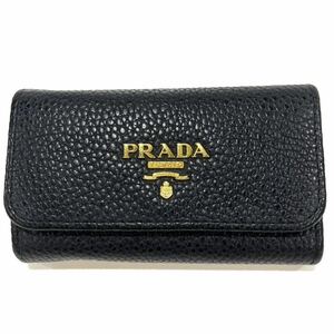 良品 PRADA プラダ 1PG222 2E3A F0002 6連キーケース VITELLO GRAIN NERO ロゴ レザー ブラック×ゴールド 専用箱 カード付き 送料無料