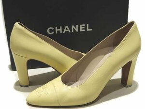 シャネル ハイヒール パンプス ココマークステッチ ◇ 38 ライムグリーン系 レザー レディース ▼ CHANEL プレーントゥ 5K