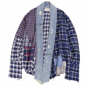 美品 グレッグローレン Greg Lauren ジャケット デニム パッチワーク ダメージ加工 コットン メンズ 3 ネイビー/ブルー cg09mn-rm05e25478