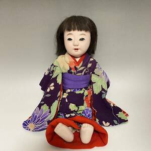 ◆時代 市松人形 在銘 女の子 34cm 古代縮緬着物