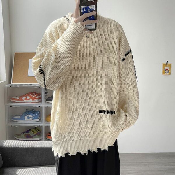 韓国 ファッション ダメージ ニット ラウンドネック セーター メンズ 白 XL