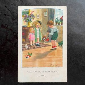 アンティーク　ポストカード　Ebner エブナー　はいチーズ　子供　女の子　男の子　犬　モデル　人形　フランス　可愛い　絵葉書