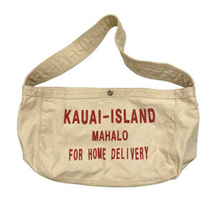 KAUAI-ISLAND MAHALO キャンバス ニュースペーパーバッグ ショルダーバッグ 生成り ユニオンチケット 古着 23-1109