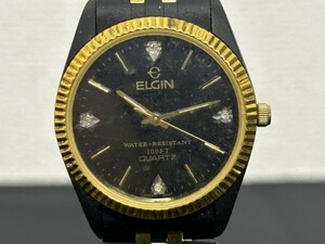 A1　ELGIN　エルジン　100FT　クオーツ　4石　ストーン入　ブラック×ゴールドカラー　メンズ腕時計　ブランド腕時計　ヴィンテージ