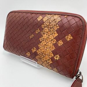 1円【激レア】BOTTEGA VENETA ボッテガヴェネタ イントレチャート 長財布 ラウンドファスナー ジッピーウォレット ブラウン パイソン柄 蛇