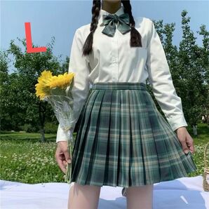 Jk制服　コスプレ高校生　３点セット　サイズL グリーン系 チェックプリーツスカート コスプレ衣装