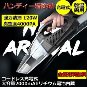 コードレスハンディークリーナー* 充電式掃除機 120W 4000Pa ACアダプター付 5種類アタッチメント付き 家用 車用 90日保証