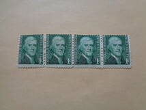 アメリカ切手4枚綴り　1968年　 Thomas Jefferson (1743-1826)　トーマス・ジェファーソン　第3代アメリカ大統領　　1セント_画像1