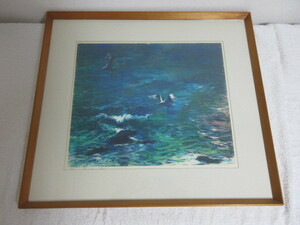 * beautiful goods * Japan landscape painting * Honma . man pastel picture * spring. sea *18/20* frame woodcut *1980 year work * genuine work 