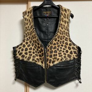 【希少】80s 90s vanson leathers バンソン 牛革 ハラコ オールレザーベスト レオパード サイズ42 ビンテージ アメカジ バイカー 米国製