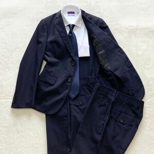 9026 THE SUIT COMPANY ザ スーツカンパニー 艶感 パンツ 2本付き ストライプ ジャケット セットアップ スーツ ネイビー 紺 166㎝-8Drop!!