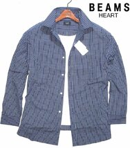 新品 秋物 2XL - 3XL 相当▼ ビームス BEAMS HEART ビッグシルエット 長袖シャツ チェック ネイビーブルー 紺青 メンズ 4L 3L ビッグシャツ_画像1