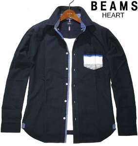 新品ラス1 秋物 M ▼ ビームス BEAMS HEART ▼ 微起毛 長袖シャツ ダークネイビー 濃紺 メンズ ニット ポケット