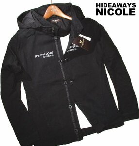 新品 50 XL 定価1.74万 ▼ ニコル HIDEAWAYS NICOLE ▼ 衿ワイヤー入り フード付き 立衿 ジャケット ブルゾン 黒 メンズ LL