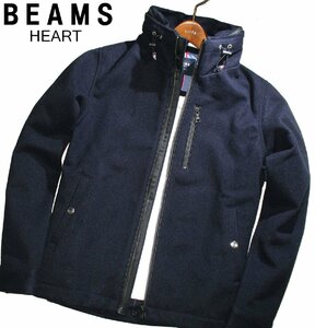 新品 秋冬 M ▼ ビームス BEAMS HEART 厚手 起毛 メルトン生地 立衿 フード内臓 ジャケット ブルゾン ヘリンボーン トリコロール 紺 メンズ