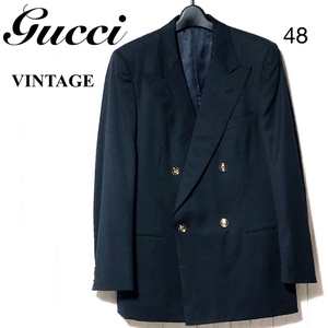 GUCCI Wテーラードジャケット 48/OLD グッチ 筆記体ロゴ 紺ブレ メタルボタン伊製