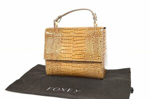 1円●美品●フォクシー FOXEY●2WAYミニハンドバッグ●ショルダー クロコ型押しレザー ライトブラウン 茶色 BOX型