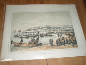 石版図版 リトグラフ ペリー日本遠征記 久里浜への初上陸 押絵 並品 