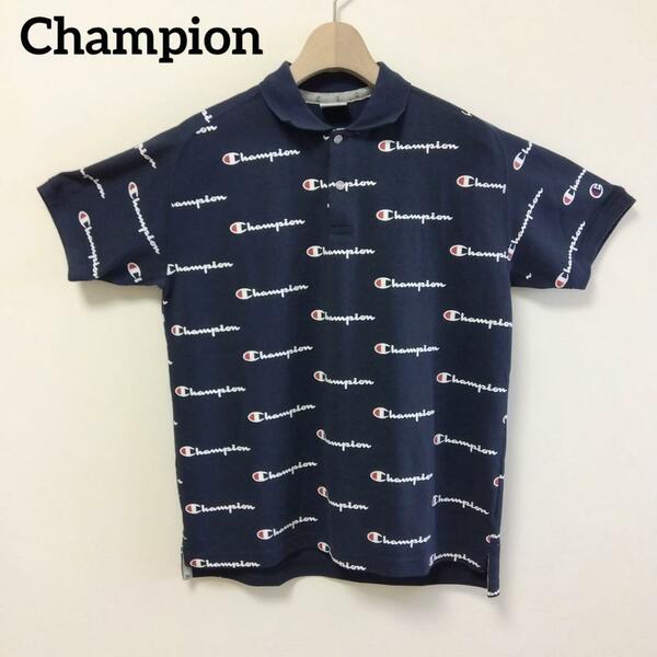 チャンピオン　Champion ゴルフウェア　ポロシャツ　総柄　ネイビー　紺　Mサイズ ロゴプリント　半袖シャツ