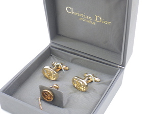 h3K111Z- Christian Dior クリスチャンディオール Dior ロゴ ゴールドカラー カフス タイタック セット 箱付