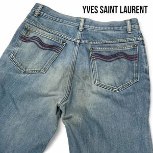 激レア◎48サイズ!! イヴサンローラン【激シブ ヴィンテージ】YVES SAINT LAURENT デニム パンツ ジーンズ ロゴ 刺繍 金ボタン◎メンズ