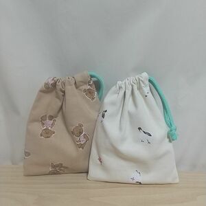 ハンドメイド【巾着セット】ミニ巾着／小さめ巾着／２枚set／クマ／シマエナガ