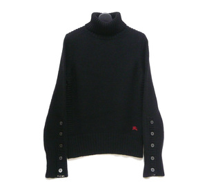 ◎BURBERRY LONDON バーバリー ウール100％ タートルネックセーター サイズ1 袖ボタン ホース刺繍 ニット ブラック 黒 レディース ON5608