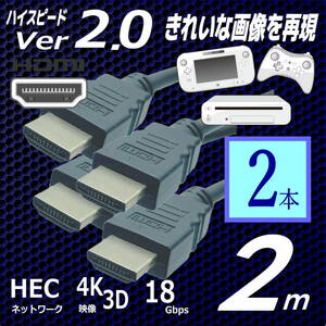 △【2本セット】HDMIケーブル 2m プレミアム高品質 Ver2.0　4KフルHD 3D映像 ネットワーク 60fps 対応 ハイスピード 2HDMI-20x2