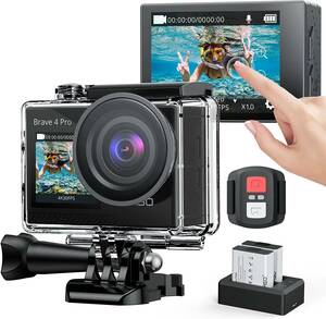 【新品】AKASO Brave 4 Pro アクションカメラ 4K 20MP解像度 タッチパネル式 高画質カラー WiFi搭載 水中カメラ 40M防水 バッテリー2個付き