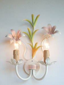フランスアンティーク ブラケット 2灯 電球付き ランプ キャンドル 壁掛け ウォール ヴィンテージ 古い 素敵 ブロカント 花 ボタニカル