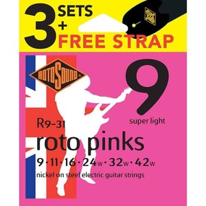 ロトサウンド ギター弦 3セット R9-31 ROTO PINKS 3PACKS WITH STRAP 9-42 エレキギター弦 3パックセット ストラップ付き ROTOSOUND