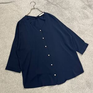 100円スタート♪ （7）chocol raffine robe ショコラフィネローブ　七分丈ノーカラーブラウス　フリーサイズ　スキッパー　ネイビー　紺色