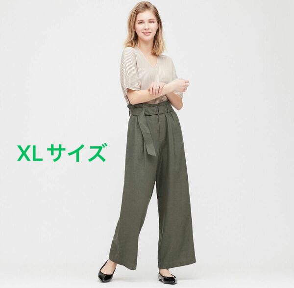 ユニクロ ベルテッドリネンレーヨンワイドパンツ ダークグリーン XLサイズ