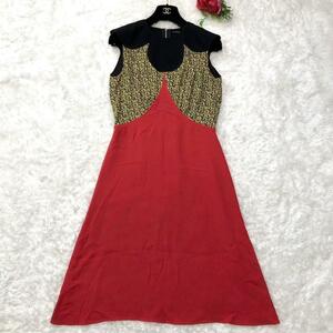 [ beautiful goods ]Louis Vuitton Louis Vuitton flower motif silk dress no sleeve One-piece black red 36