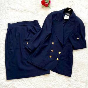  Chanel CHANEL skirt suit setup blaser skirt navy blue blaser gold button wool size 44 double s Lee button 