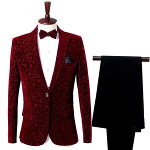 新品 上質 2点セット ワイン赤 ベルベッド素材 花柄 スーツ メンズ スーツセット タキシード 上着 ズボン S~4XL 演奏会舞台衣装