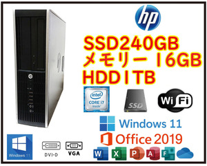 ★送料無料★スリムPC★超高速 i7/大容量SSD240GB+大容量HDD1TB/メモリ16GB/Wi-Fi/UBS3.0/Win11/Office2019★HP 6300 Elite SFF