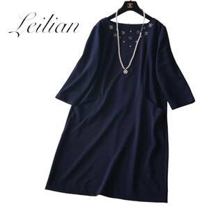 A10◆可愛いビジュー レリアン Leilian プラスハウス 大きいサイズ 13+ XL-2XL 3L前後 ゆったり ワンピース 身幅55cm 花フラワー ビジュー