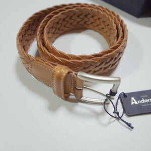 Anderson's アンダーソンズ レザーウーブン メッシュベルト タン size34 35mm made in Italy 新品未使用 箱付き /J&M DAVIDSON好きな方にも