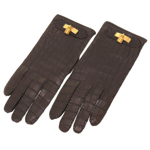  as good as new Hermes Kelly glove crocodile Brown Gold metal fittings Kelly metal fittings gloves tea 0154 HERMES