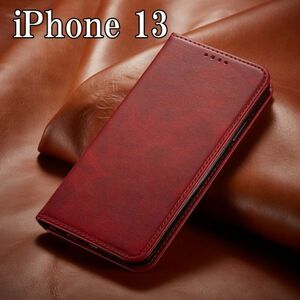 iPhone 13 手帳型 耐衝撃 TPU アイフォンケース 革レザー スマホカバー レッド ip-myno-13-red