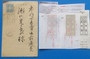 ※機械標語印：共存共栄カンイホケン(前期品) (青分銅・銘なしはがき・新版、1銭5厘)、消印・京都・昭和3年　汚れ、難品　経年95年品