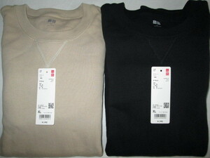 ★古着 美品 数回使用 2021年 UNIQLO ユニクロ スウェットシャツ(長袖) XL 32.BEIGE 09.BLACK ベージュ ブラック黒 裏毛 パイル地 部屋着★