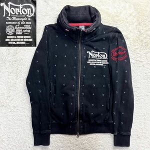 【希少】 Norton ノートン 刺繍 プリント バッグ ロゴ 収納式 フード ジップアップ ジャケット ジャージ メンズ S ブラック 総柄