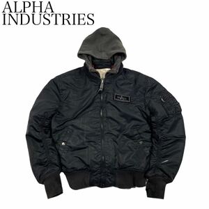 1円〜 ALPHA INDUSTRIES MA-1 フライトジャケット サイズL 取外しフード アルファインダストリーズ ブルゾン ブラック ミリタリー フーディ