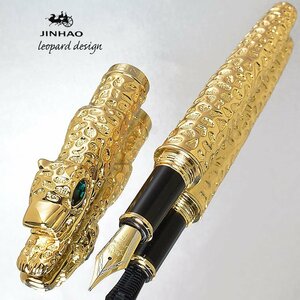 ◆●【JINHAO/ジンハオ】LEOPARD/レオパード 万年筆 翡翠色の瞳 ヒョウ 豹 ゴールド 重厚感 立体装飾 Ｍ中字 太軸 新品 １円～ /JH128GD