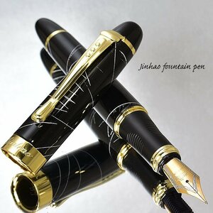 ◆●万年筆【JINHAO/金豪】X450 葉巻型 黒軸 ライン模様 白線 太軸 両用式 大型 18KGP ペン先 Ｆ 細字 ランダム 縞模様 1円～ 新品/JH74F