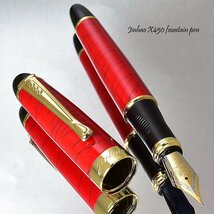 ◆●万年筆【JINHAO/金豪】X450 葉巻型 赤軸 ライン模様 黒線 太軸 両用式 大型 18KGP ペン先 Ｆ 細字 縞模様 1円～ 新品 /JH99F_画像1