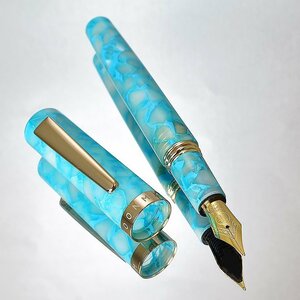 ◆●【MAJOHN】N2 万年筆 美麗 アクリルレジン コンパクト万年筆 ブルーホワイト スチールニブ F(細字) 両用式 新品１円～ /MO5BL