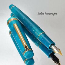 ◆●【JINHAO/ジンハオ】アクリル万年筆 トランスルーセント 半透明 ターコイズ ラメ ゴールドトリム Ｍ中字 両用式 新品 単品/JH147TQ_画像2